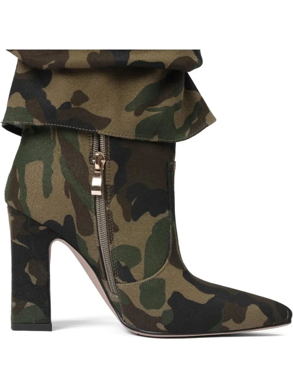 Women's Camoflage Pointed Toe Fold Over Chunky Block Heel Slouchy Knee High Boot